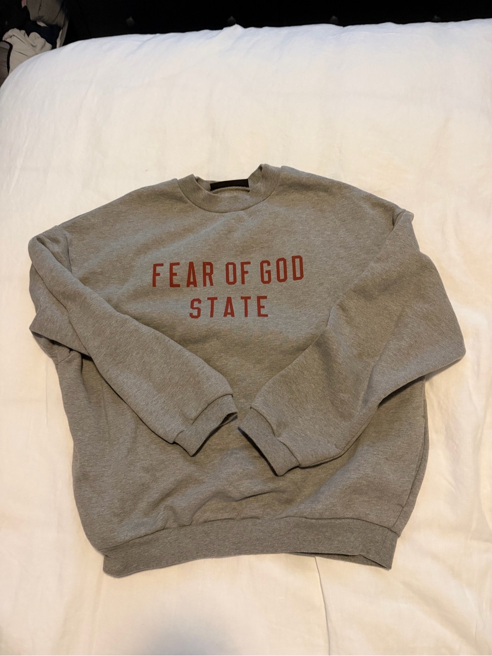 Essentials Fear of God Grey Crewneck with Red 'FEAR OF GOD STATE' Print